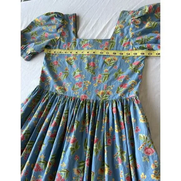 VTG Komil Honolulu Dress Square Neck MIDI Blue Floral A-line Puff Sleeves SM - Picture 8 of 11